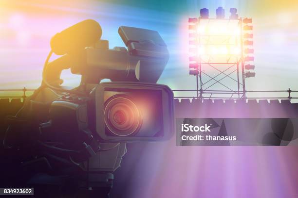 Video Camera Camcorder In Stadium For Making Sport News Or Live On Tv Stock Photo - Download Image Now