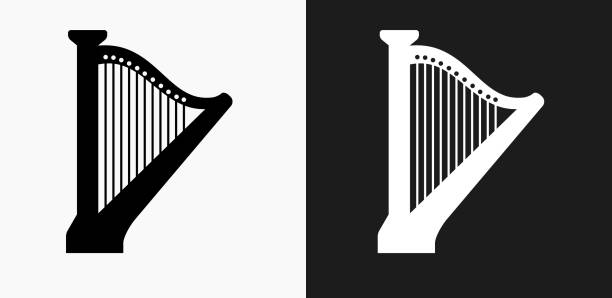 stockillustraties, clipart, cartoons en iconen met harp pictogram op zwart-wit vector achtergronden - harp