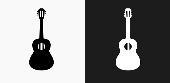 Acoustic Guitar Icon on Black and White Vector Backgrounds. This vector illustration includes two variations of the icon one in black on a light background on the left and another version in white on a dark background positioned on the right. The vector icon is simple yet elegant and can be used in a variety of ways including website or mobile application icon. This royalty free image is 100% vector based and all design elements can be scaled to any size.