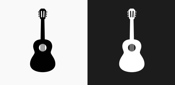 Acoustic Guitar Icon on Black and White Vector Backgrounds Acoustic Guitar Icon on Black and White Vector Backgrounds. This vector illustration includes two variations of the icon one in black on a light background on the left and another version in white on a dark background positioned on the right. The vector icon is simple yet elegant and can be used in a variety of ways including website or mobile application icon. This royalty free image is 100% vector based and all design elements can be scaled to any size. acoustic guitar stock illustrations