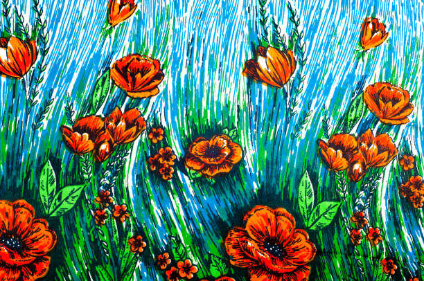 silk texture, background, painted flowers poppy