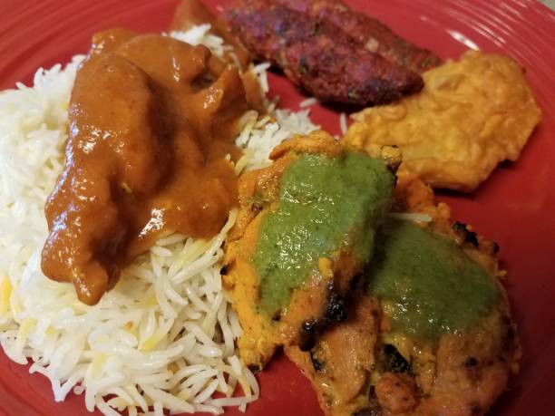 istock Indian food chicken, rice, and sauces on a plate 834983548