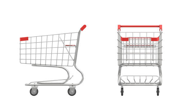istock 3d rendering of a shopping cart with a red handle in front and side view on white background 834988528
