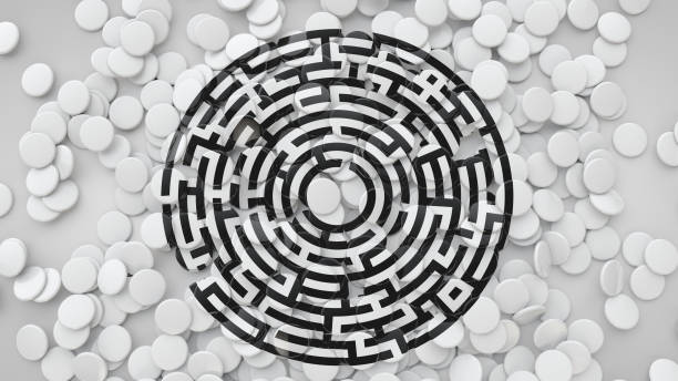 istock 3D Square Tiles Scattered On The Floor With Labyrinth Symbol, 3D Rendering Background 834995528