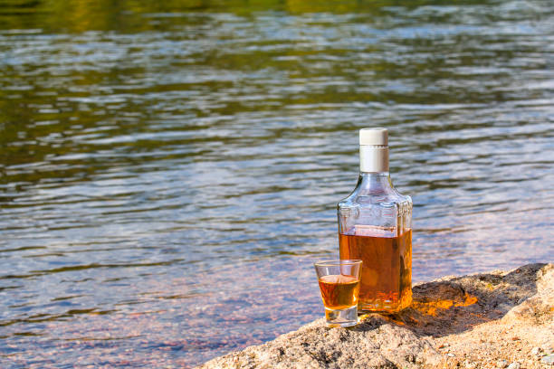 botella y una copa de tequila sobre la piedra en el río - gin decanter whisky bottle fotografías e imágenes de stock
