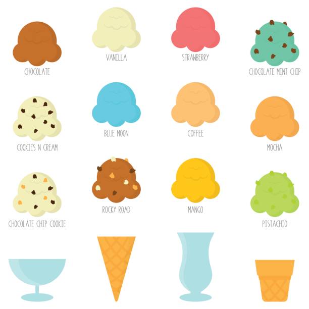 Ice Cream Scoops Cones And Glasses In White Background Different Ice Cream Flavors scoop shape stock illustrations