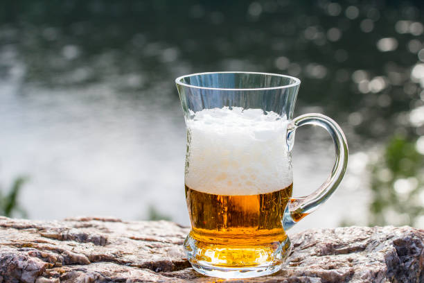 istock Beer mug stands on a rock above the river 835004534