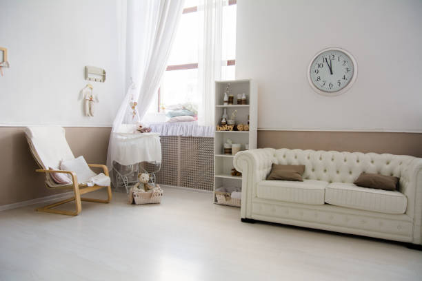 istock Interior of the room with a baby cot. 835010384