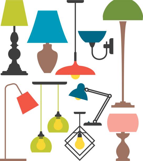 satz von lampen. vektor der verschiedenen arten von innen-beleuchtung einstellen - floor lamp lamp lamp shade contemporary stock-grafiken, -clipart, -cartoons und -symbole