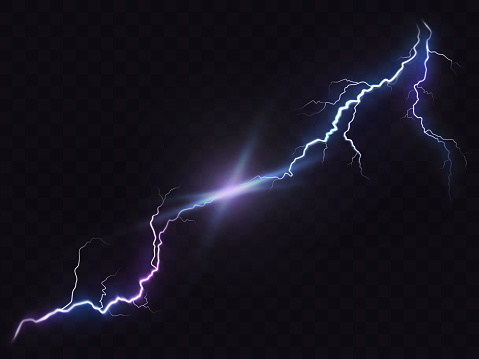 Vector illustration of a realistic style of bright glowing lightning isolated on a dark translucent background, natural light effect. Magic white thunderstorm lightning, print, pattern, design element