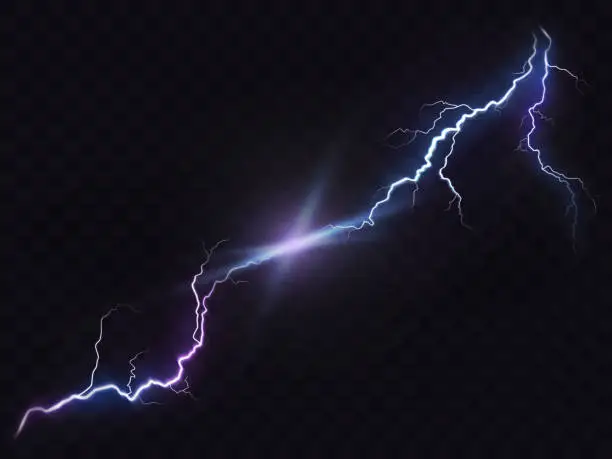 Vector illustration of Vector illustration of a realistic style of bright glowing lightning isolated on a dark, natural light effect.