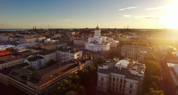 Beautiful aerial shot of Helsinki with summer sunset.