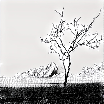 Digital illustration - Lonely tree standing on the sea shore. Silhouette of lifeless tree on the beach. Sketching of ocean horizon view. Poster banner template with place for text. Conceptual image
