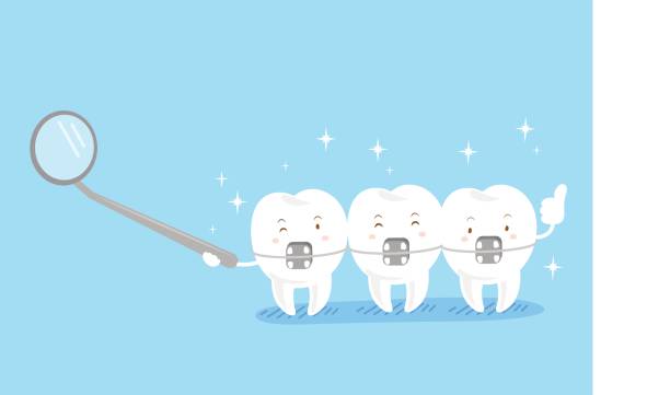 cute cartoon tooth wear brace cute cartoon tooth wear brace on the blue background orthodontist stock illustrations