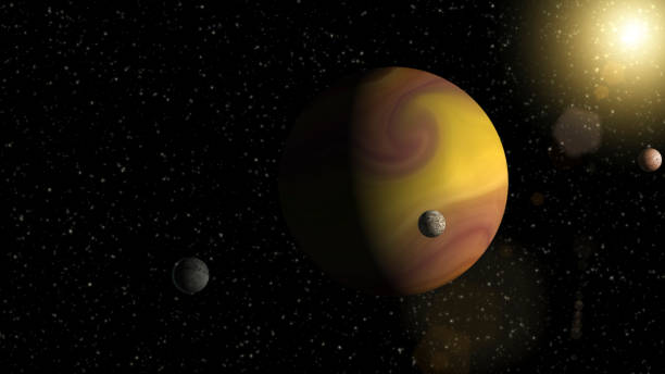 istock Large gas giant planet with two moons and a smaller planet orbiting nearby star. Outer Space, Cosmic Art and Science Fiction Concept. 835165708