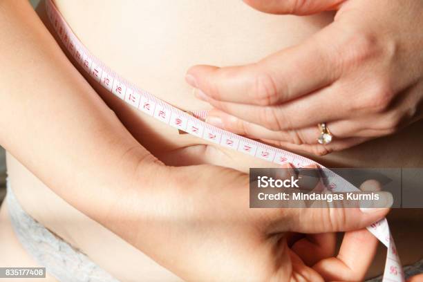 Woman Measuring Her Waistline Fat Tummy Stock Photo - Download Image Now - Abdomen, Adult, Excess