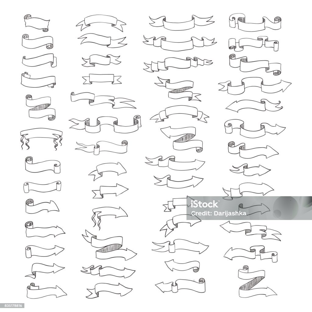 Banners and arrows Vector  hand drawn big set of ribbon banners and arrows isolated on white and easy to use. Black and white collections. Paper Scroll stock vector