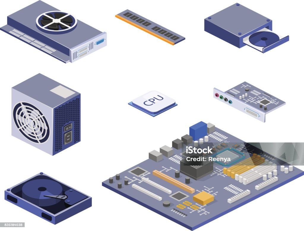 Isometric Flat 3d Isolated Vector White Computer Computer Parts Stock ...
