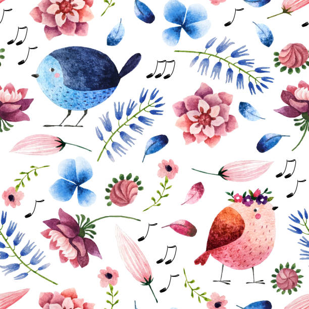 akwarela bez szwu wzór - spring birdsong bird seamless stock illustrations