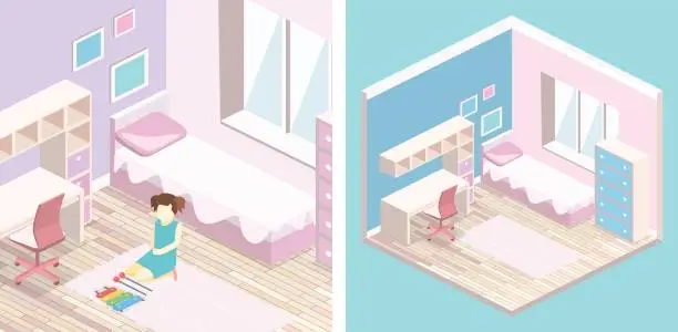 Vector illustration of Isometric flat 3D isolated interior Girls all pink bedroom interior.