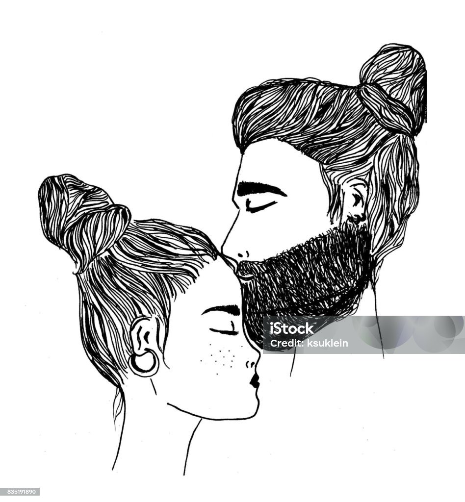 Modern Young Couple In Love Bearded Man Kissing Girl In Forehead ...