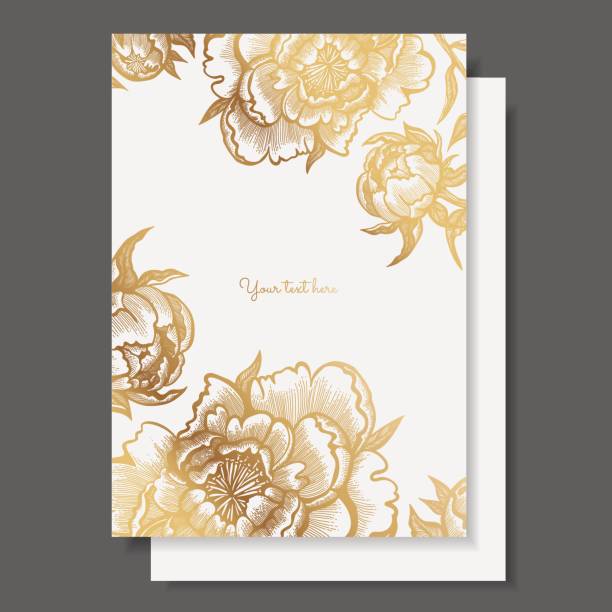 Gold flowers and leaves of peonies. Vector elements for design template. Ornate decor for invitations, wedding greeting cards, certificate, labels. Gold flowers and leaves of peonies. Ornate decor for invitations, wedding greeting cards, certificate, labels. anniversary card stock illustrations