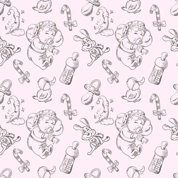 Vector illustration of Seamless sketch of a sleeping baby and toys in a dream