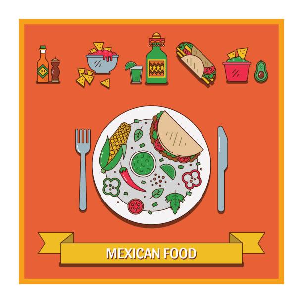 ilustraciones, imágenes clip art, dibujos animados e iconos de stock de conjunto de comida mexicana - foods and drinks vegetable red chili pepper chili pepper