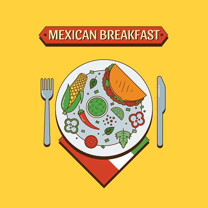 Vector mexican national traditional food in a plate with fork, knife and napkin isolated on colorful background. Mexican flag. Perfect banner for restaurant or cafe, menu.