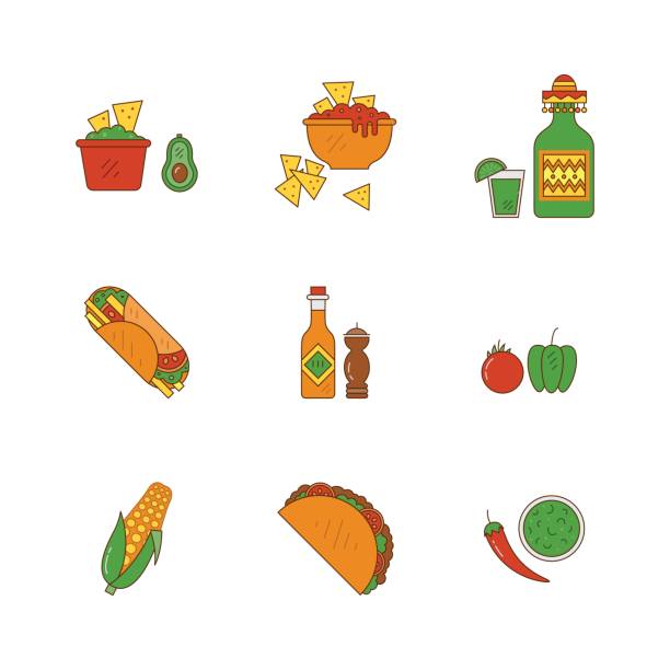 ilustraciones, imágenes clip art, dibujos animados e iconos de stock de iconos de comida mexicana - foods and drinks vegetable red chili pepper chili pepper