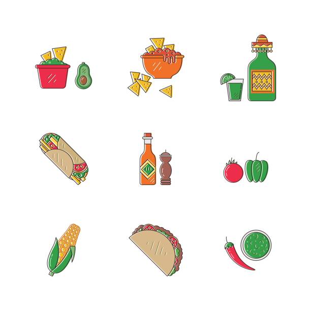 ilustraciones, imágenes clip art, dibujos animados e iconos de stock de iconos de comida mexicana - foods and drinks vegetable red chili pepper chili pepper