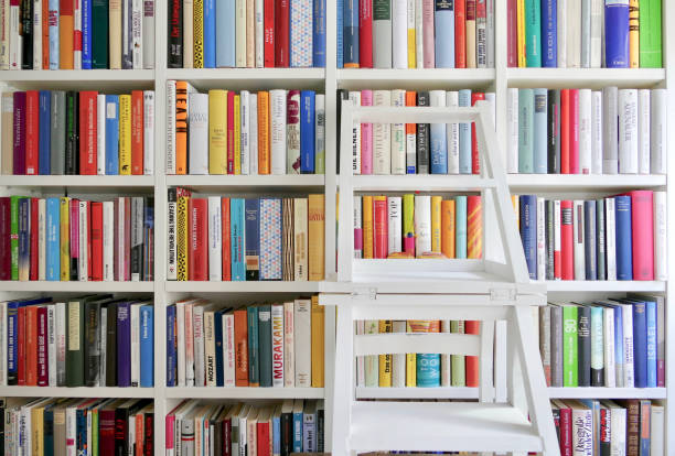 istock White library ladder standing in front of book shelves 835207820