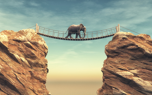 An elephant goes on a wooden bridge between two rocks. This is a 3d render illustration