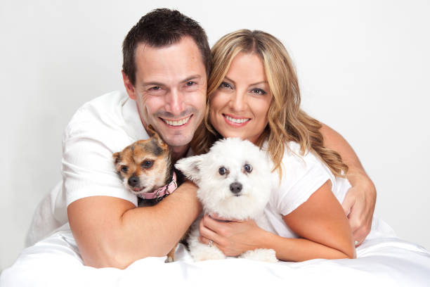 istock Happy couple with two cute pet dogs hugging. 835269540