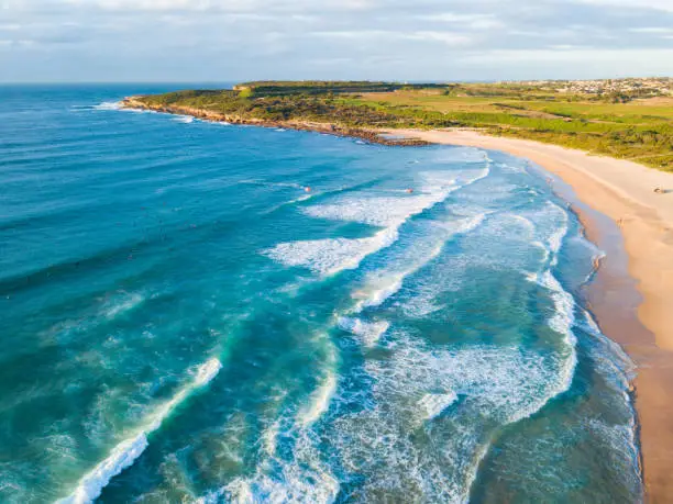 Aerial view of Maroubra Beach in the morning.
