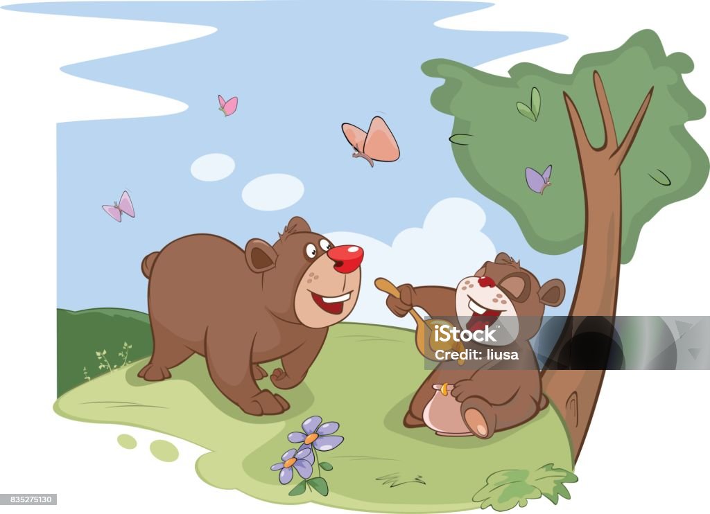 Illustration All Bears Love Honey Two brown bears on  glade eat honey Animal stock vector