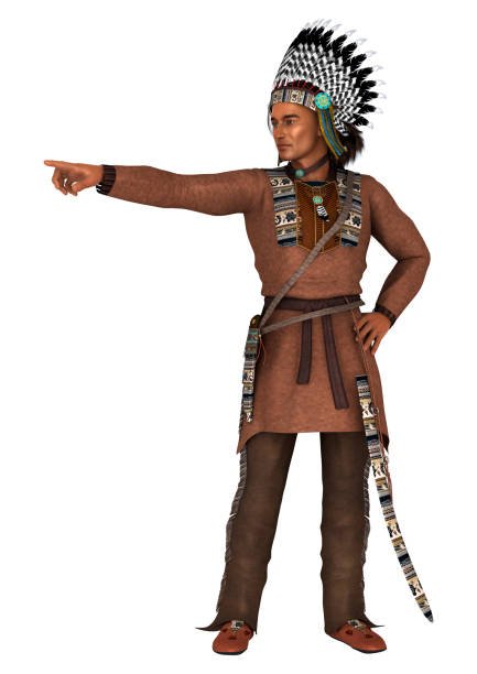 3D Rendering Native American Man on White 3D digital render of a native American man wearing a war bonett pointing on something isolated on white background war bonnet stock pictures, royalty-free photos & images