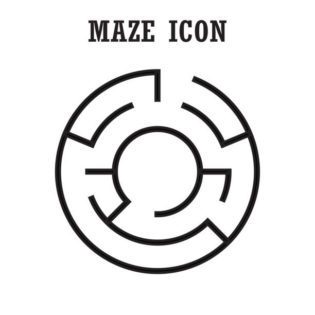 лабиринт или лабиринт значок, круговая форма, изолированные на белом backgrou - maze searching simplicity concepts stock illustrations