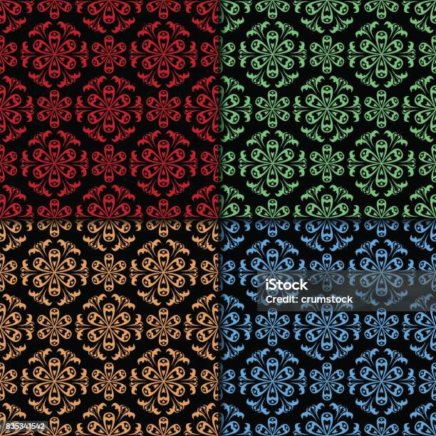 Color Balck Pattern Set Of Black Colored Floral Seamless Patterns Stock Illustration ...