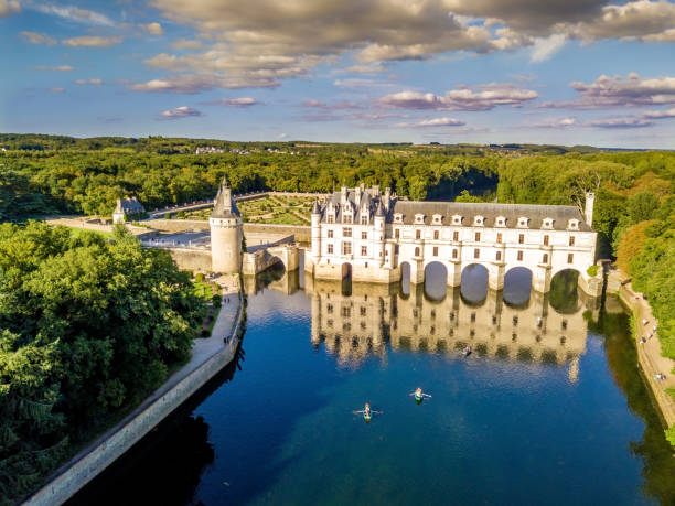 Aerial view on Chenonceaux Castle during sunset in Loire Valley, France stock photo