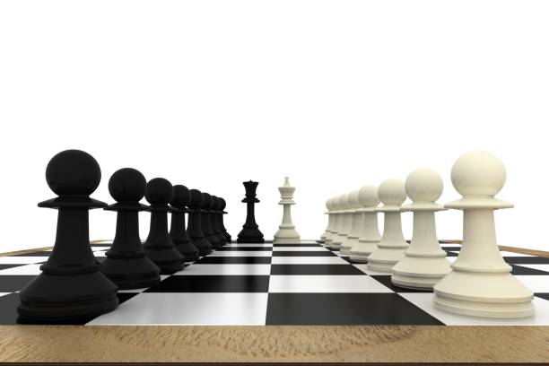 istock White and black pawns facing off with king and queen 835361730