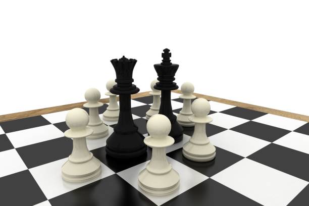 istock Black king and queen surrounded by white pawns 835364256
