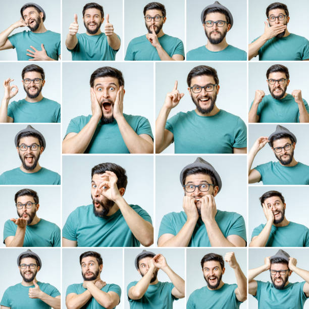istock Set of handsome emotional man isolated over gray background 835367432