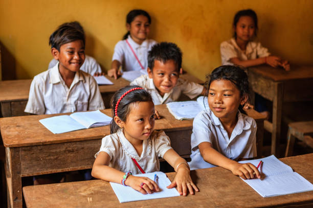 Cambodian school children during class, Tonle Sap, Cambodia