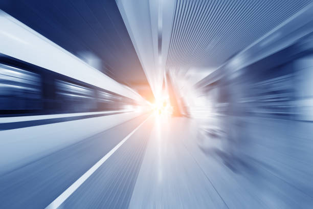 istock Super streamlined high speed train station tunnel with motion light effect background realistic poster print vector illustration 835382900