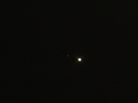 Jupiter with its major four moon aka Galileian moons, as seen from planet earth with a 150 mm (6 inches) telescope