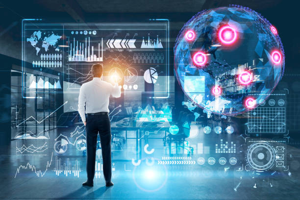 istock Earth hologram with graphs and place marks, guy 835383768