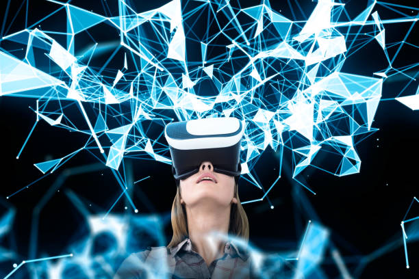 istock Girl in VR glasses looking up, blue polygons 835391050