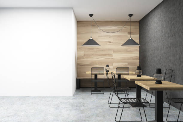 Wooden and black wall cafe interior with a large white wall fragment in the corner and old oil lamps on square wooden tables. 3d rendering mock up