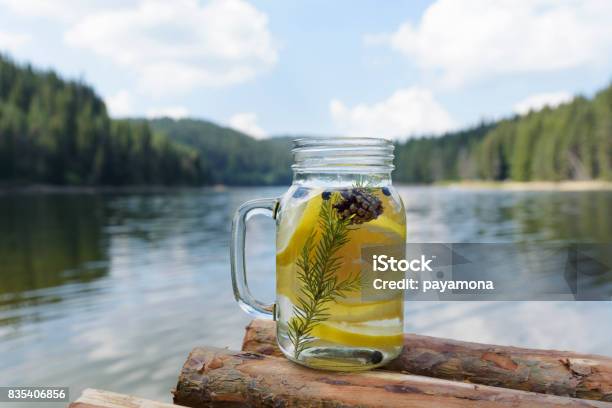 Infused Water On A Pier With Lemon Blueberries Pine Needles And Cone Stock Photo - Download Image Now